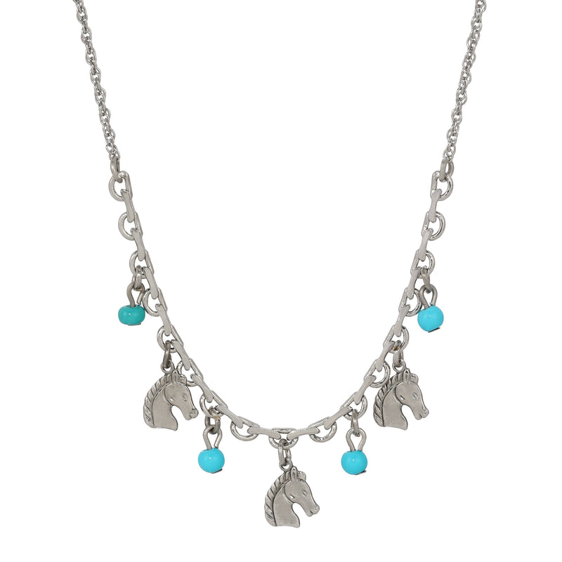 1928 Jewelry Equestrian Charms and Turquoise Beads Necklace 16 Inch with 3 Inch Extension