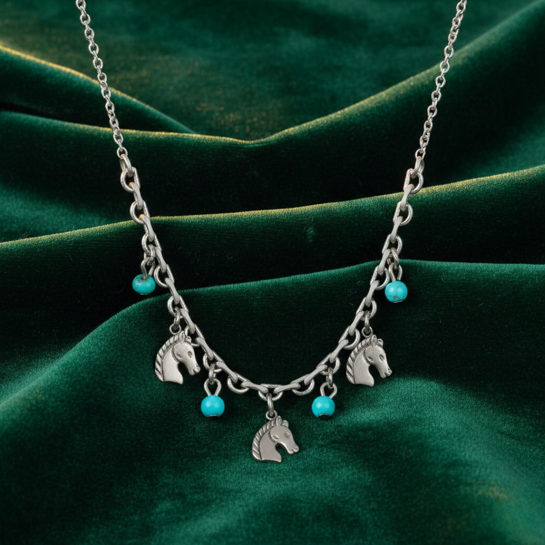 1928 Jewelry Equestrian Charms and Turquoise Beads Necklace 16 Inch with 3 Inch Extension