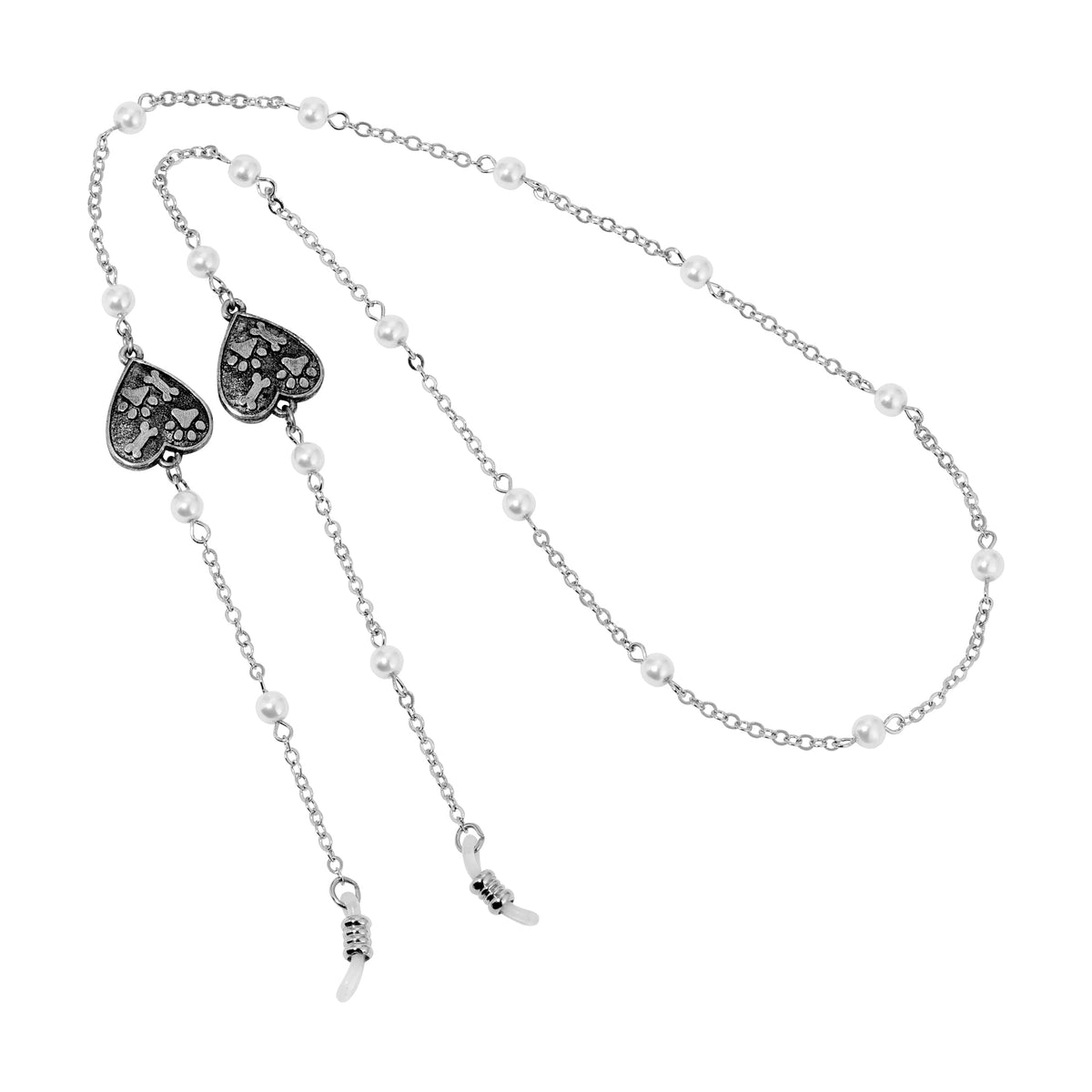 1928 Jewelry Paws and Bones Heart Round Faux Pearl Eyeglass Holder Necklace 26 Inch