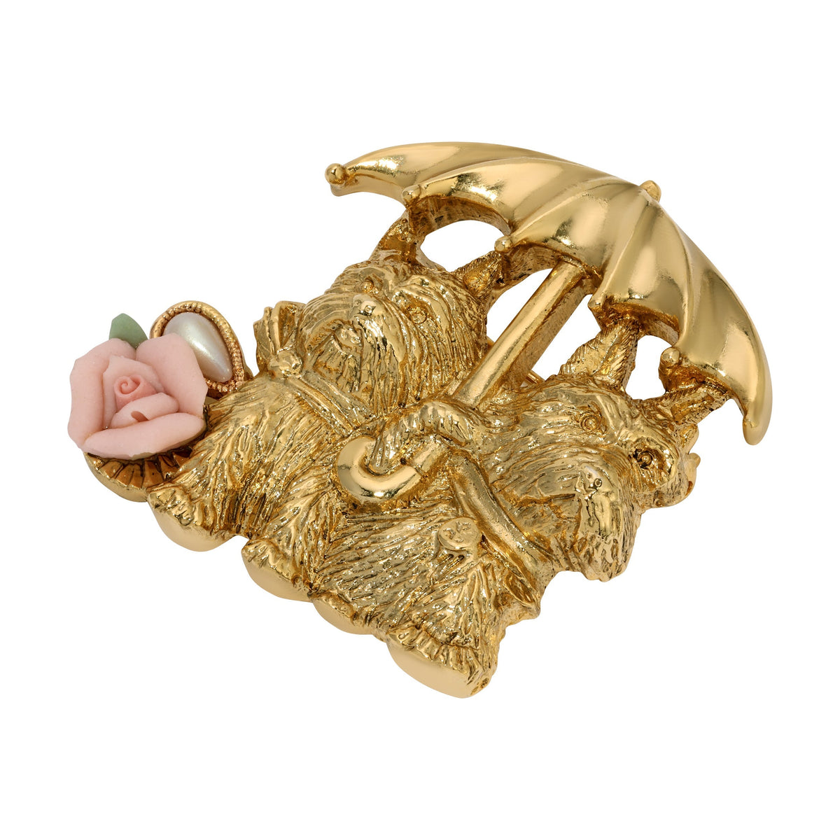 1928 Jewelry Yorkies In The Rain Porcelain Rose Brooch