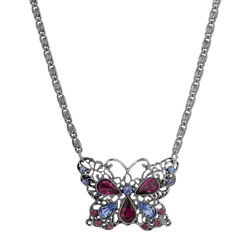 1928 Jewelry Light Sapphire and Amethyst Crystal Butterfly Pendant Necklace 16 Inch with 3 Inch Extension