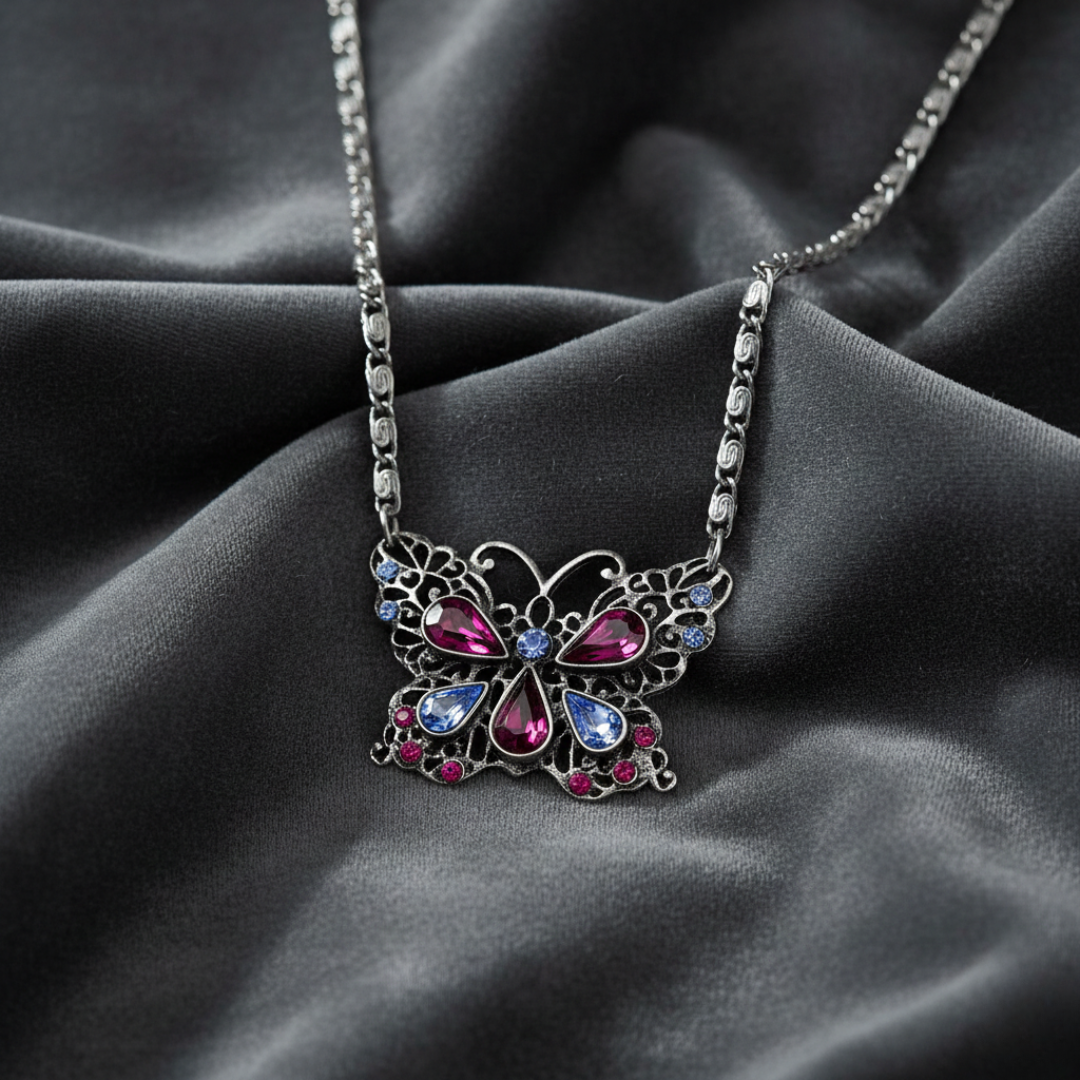 1928 Jewelry Light Sapphire and Amethyst Crystal Butterfly Pendant Necklace 16 Inch with 3 Inch Extension
