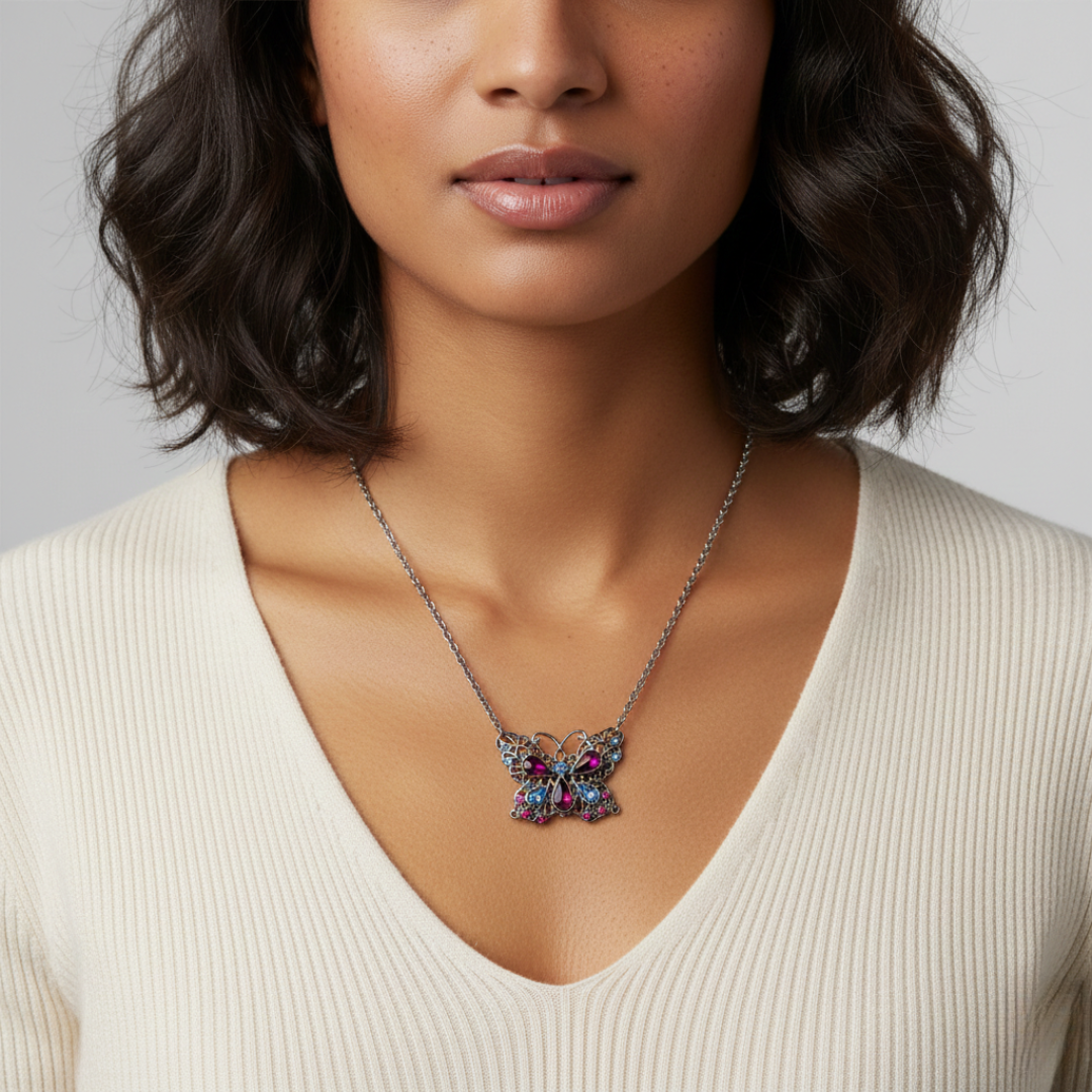 1928 Jewelry Light Sapphire and Amethyst Crystal Butterfly Pendant Necklace 16 Inch with 3 Inch Extension