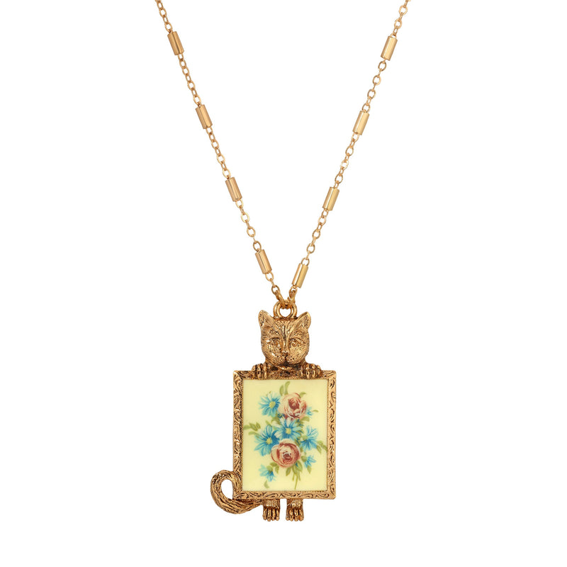 1928 Jewelry Vintage Cat and Floral Portrait Pendant Necklace 28 Inch