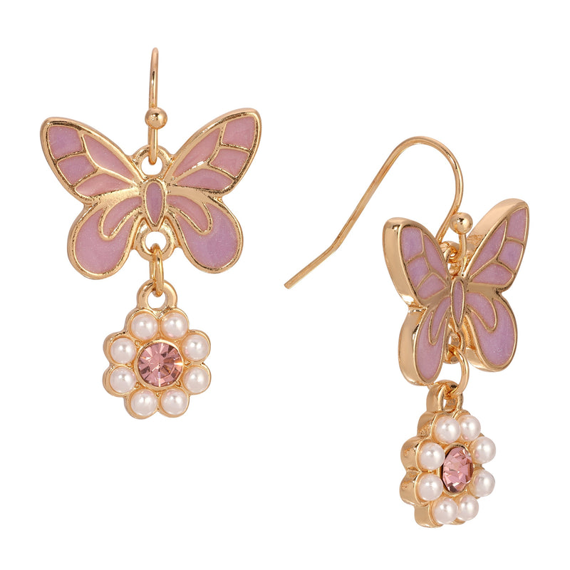 1928 Jewelry Pink Butterfly Faux Pearl Bloom Dangling Earrings