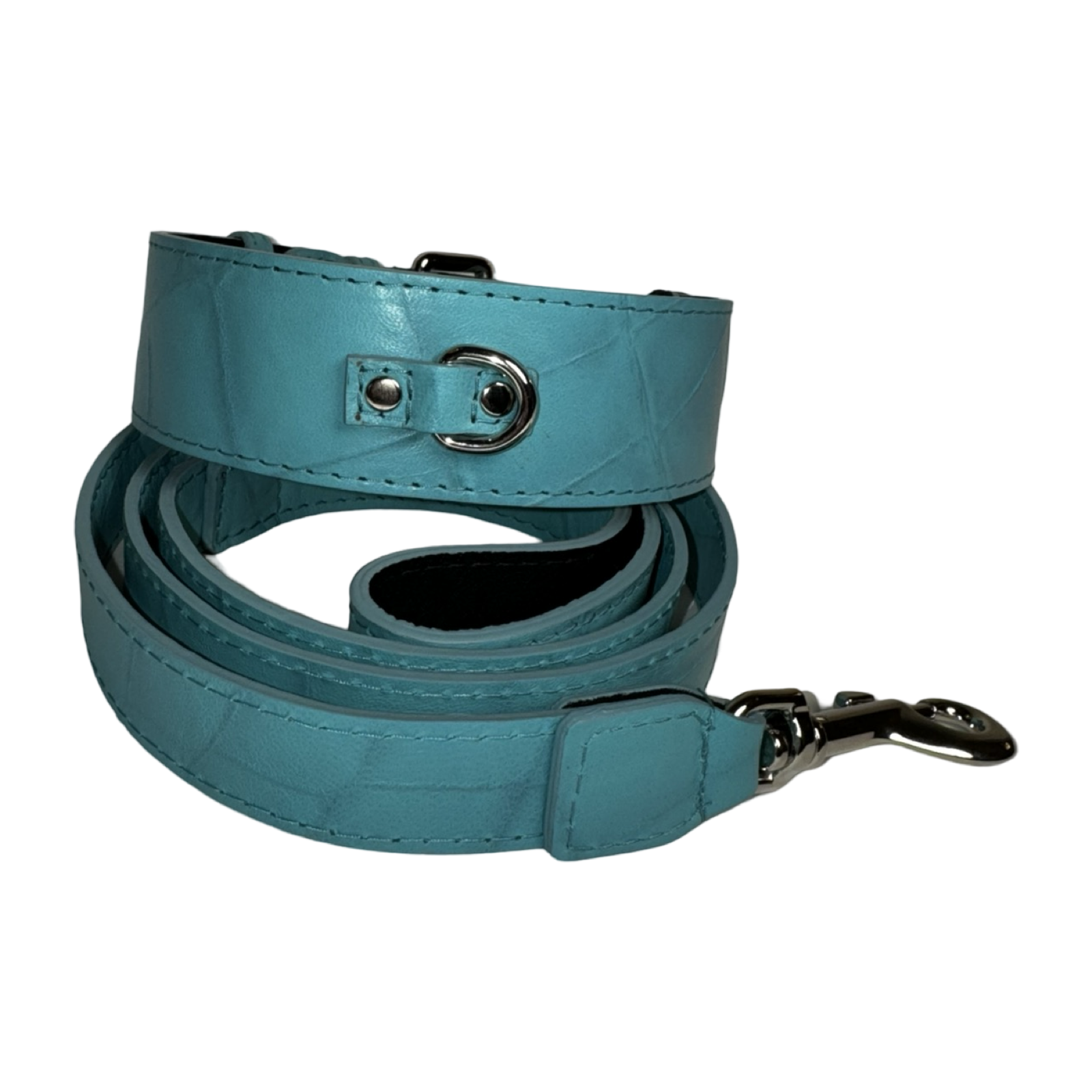 Allysa Payne The Tiffany Collection Turquoise Blue Embossed Croc Italian Leather , With Our Classic Silver Hardware Dog Collar & Leash Set