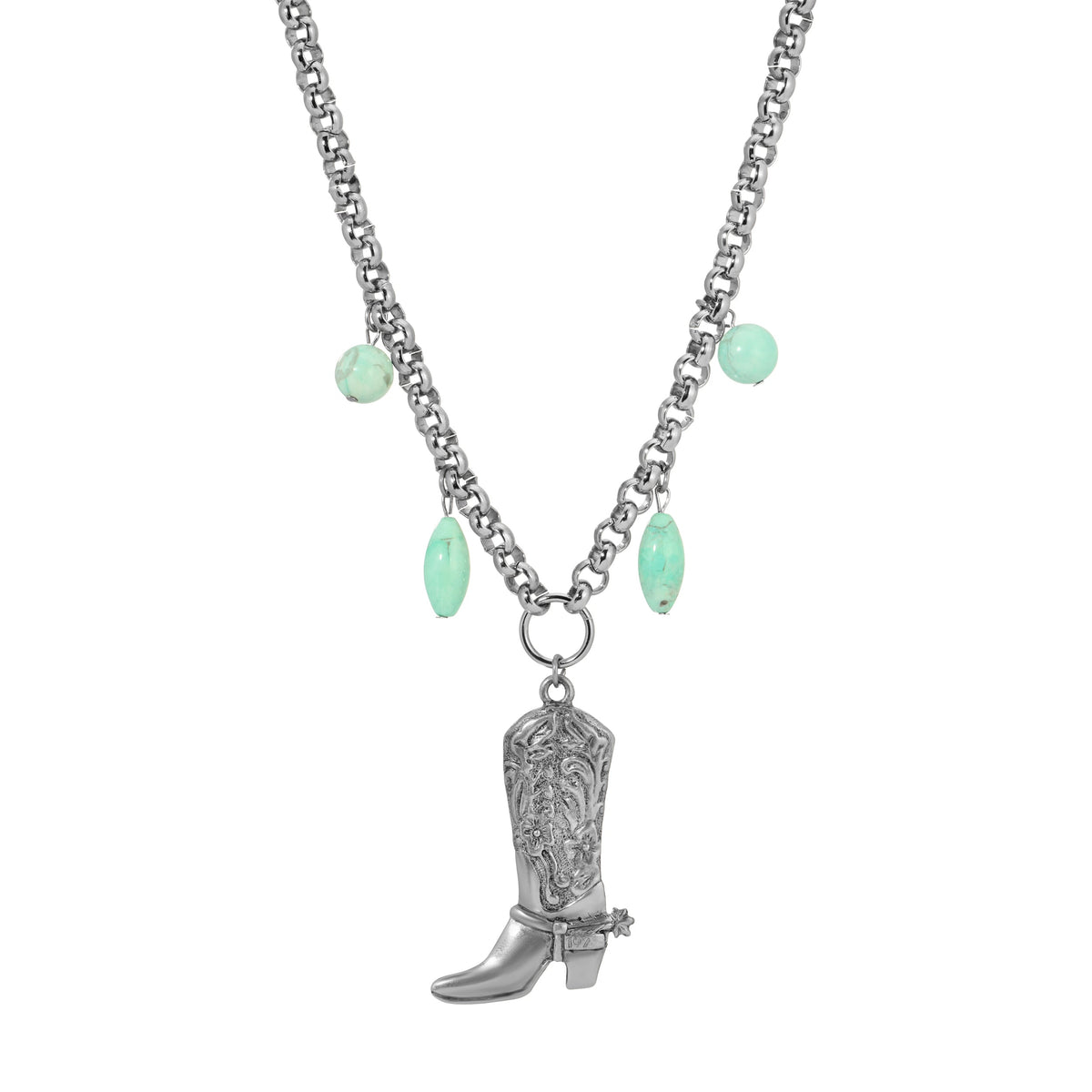 1928 Jewelry Turquoise Dyed Howlite Gemstone Beaded Cowboy Boot Pendant Necklace 18 Inch