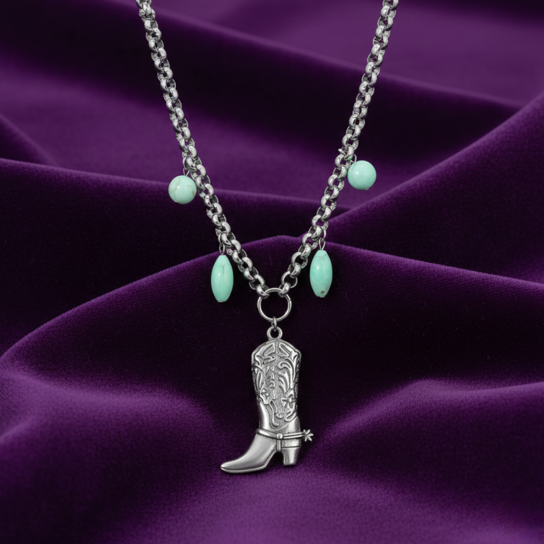 1928 Jewelry Turquoise Dyed Howlite Gemstone Beaded Cowboy Boot Pendant Necklace 18 Inch
