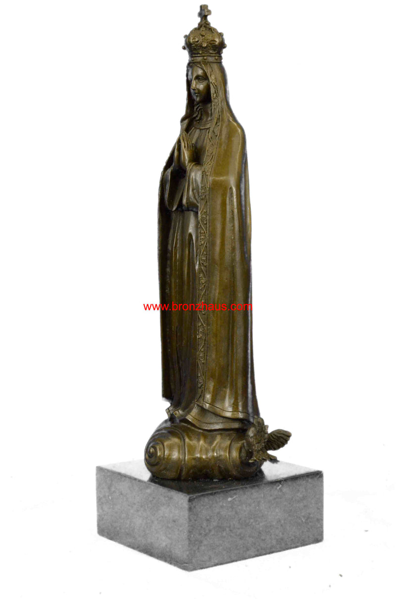 Bronze Art Metal Sculpture Religious Crowned Virgin Mary Bird Figurine Statue NR