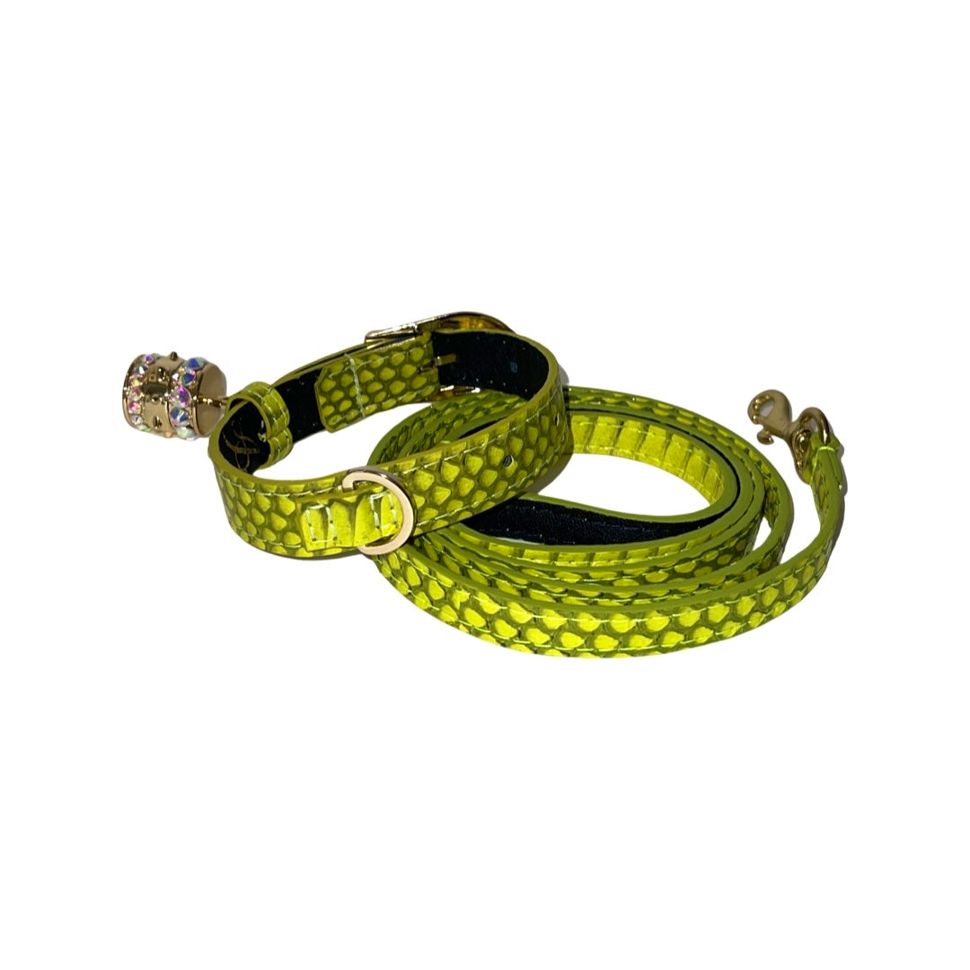 Allysa Payne XS 7"-14" Light Neon Green Custom Snake . Including Swarovski Crystal Charm Dog Collar & Leash Set