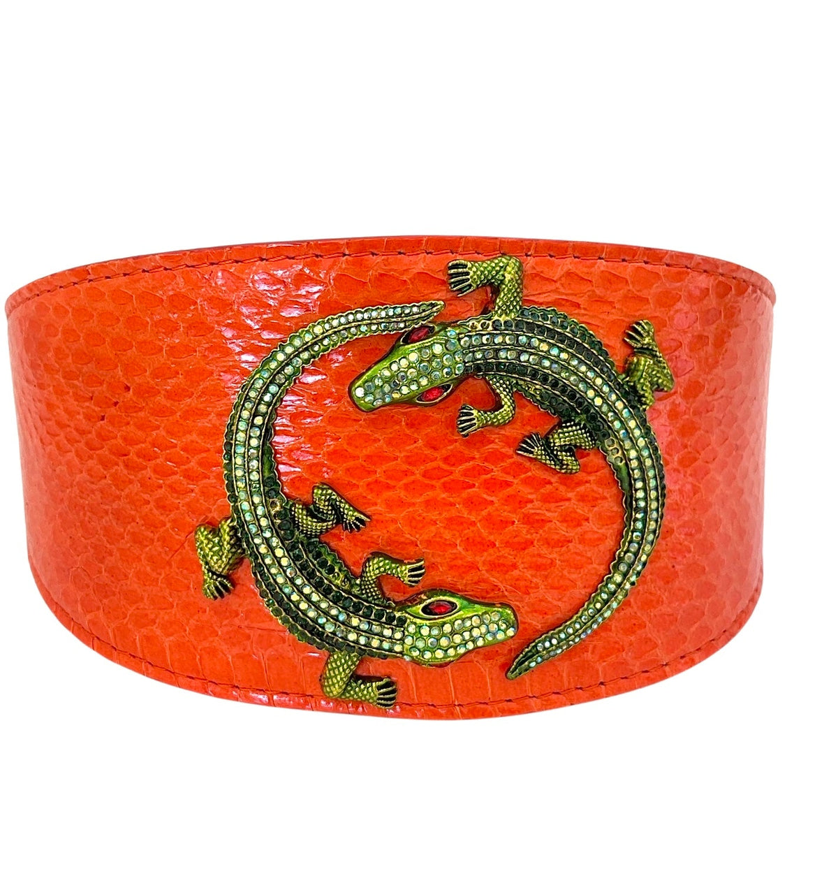 Allysa Payne Orange Snake Dog Collar With Green Rhinestone Alligators