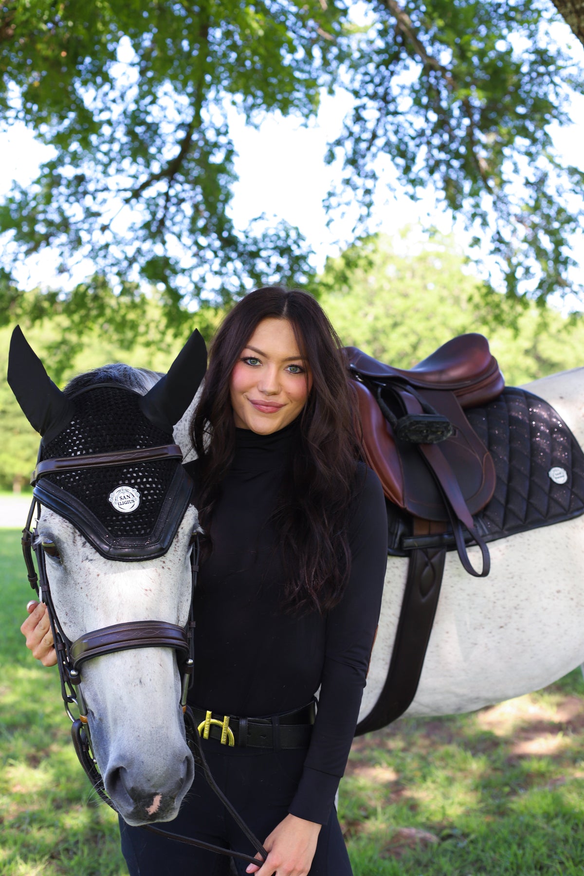 San Eligius Black Ice knit horse bonnet with black leather and glitter piping, San Eligius logo detail