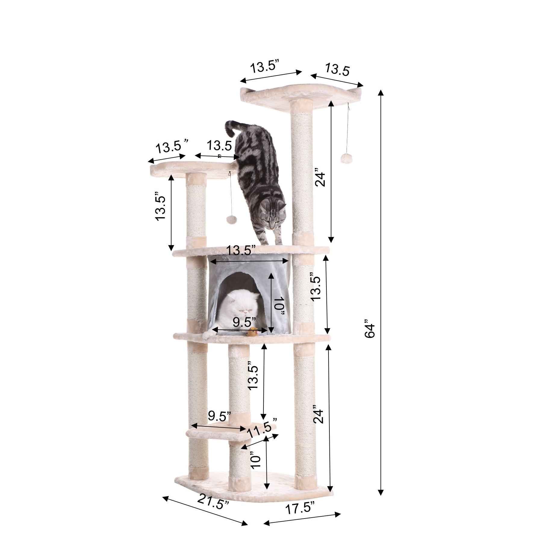 Armarkat 64" Cat Tree With Sractch Sisal Post Soft-side Playhouse  A6401 Almond