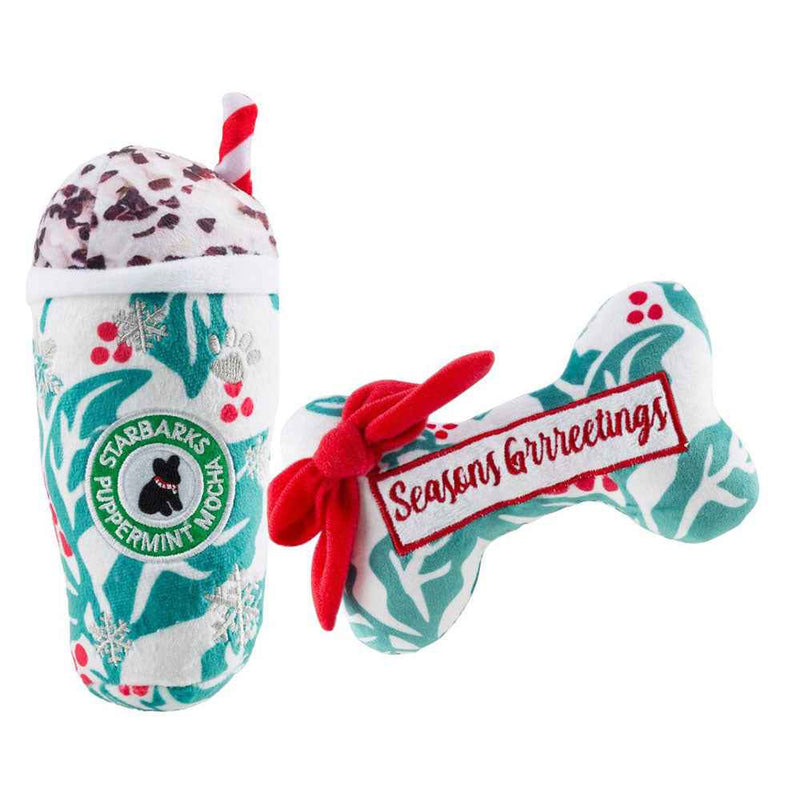 Haute Diggity Dog Starbarks Puppermint Mocha Holly Cup & Bone Plush Dog Toy