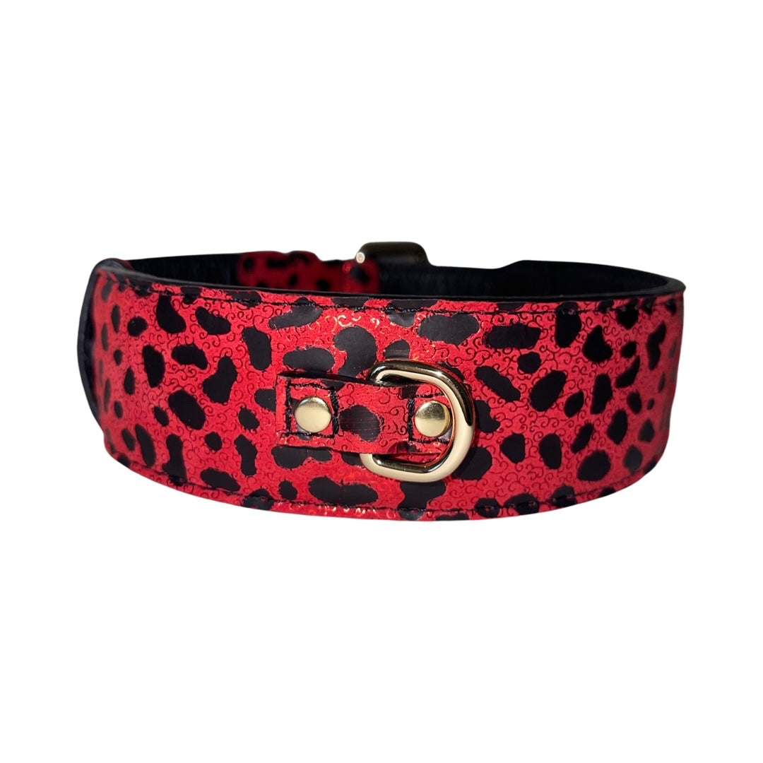 Allysa Payne Red & Black Leopard Print Italian Leather Classic Dog Collar