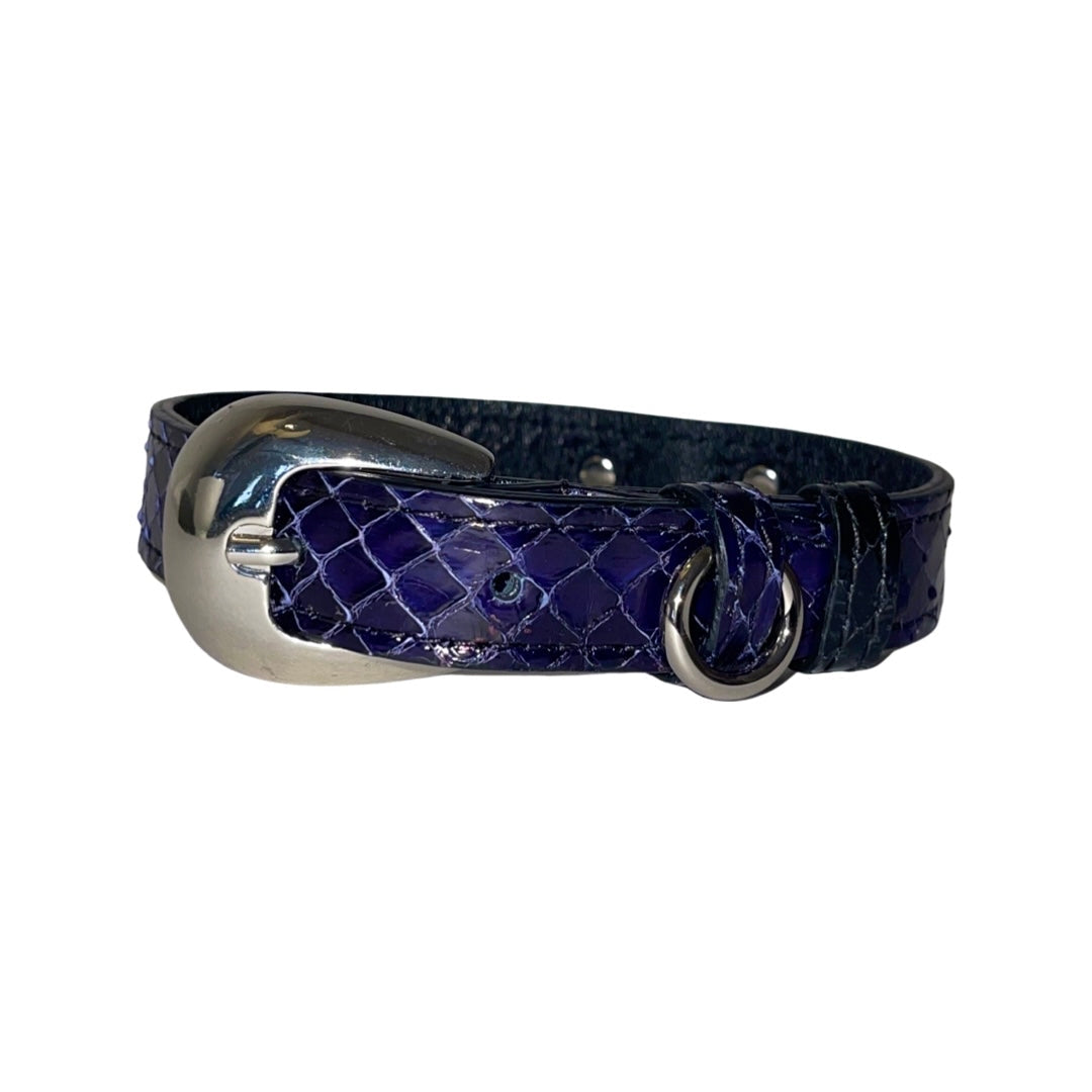 Allysa Payne XS/S 7"-14" Navy Blue Custom Snake Dog Collar/Custom Silver Oval Italian Hardware