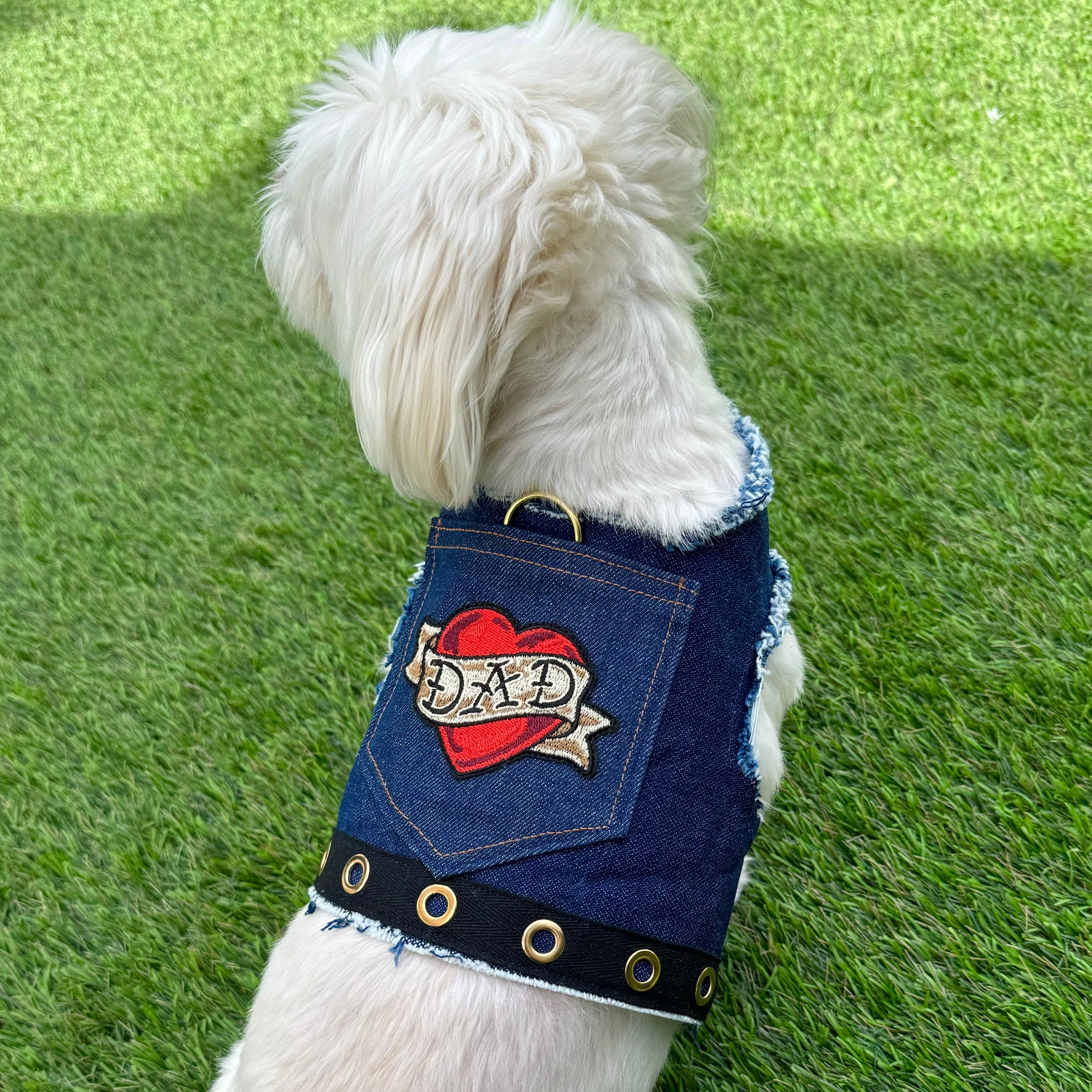 Heads or Tails Pup Love Dad Denim Dog Harness