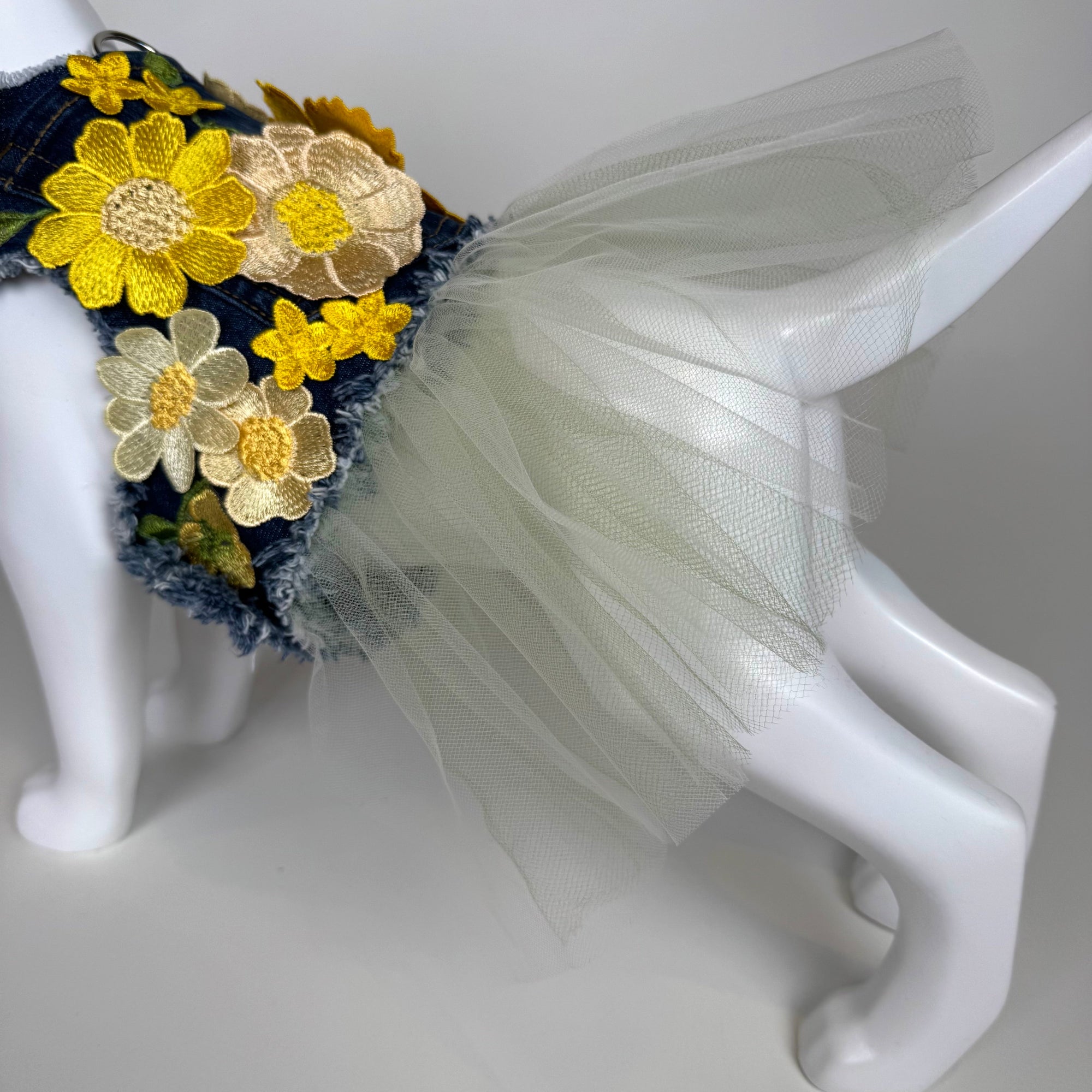 Heads or Tails Pup Lemon Chiffon Bouquet Denim Dog Dress