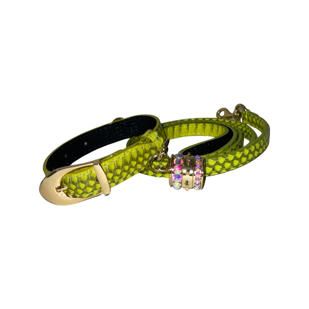 Allysa Payne XS 7"-14" Light Neon Green Custom Snake . Including Swarovski Crystal Charm Dog Collar & Leash Set