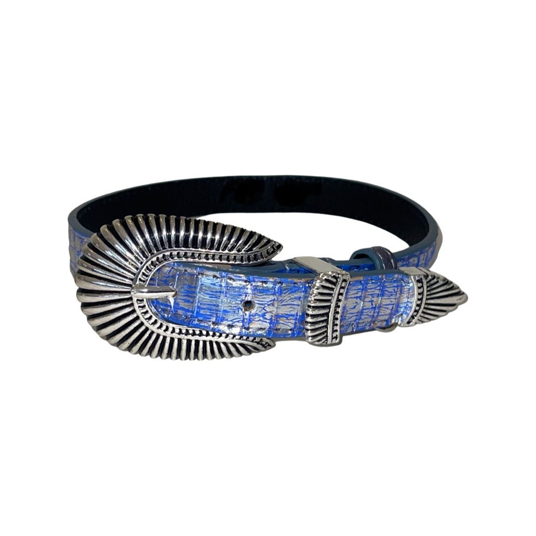 Allysa Payne Multi-Color Blue/Silver Snake With Our Custom 3-Piece Italian Hardware Dog Collar