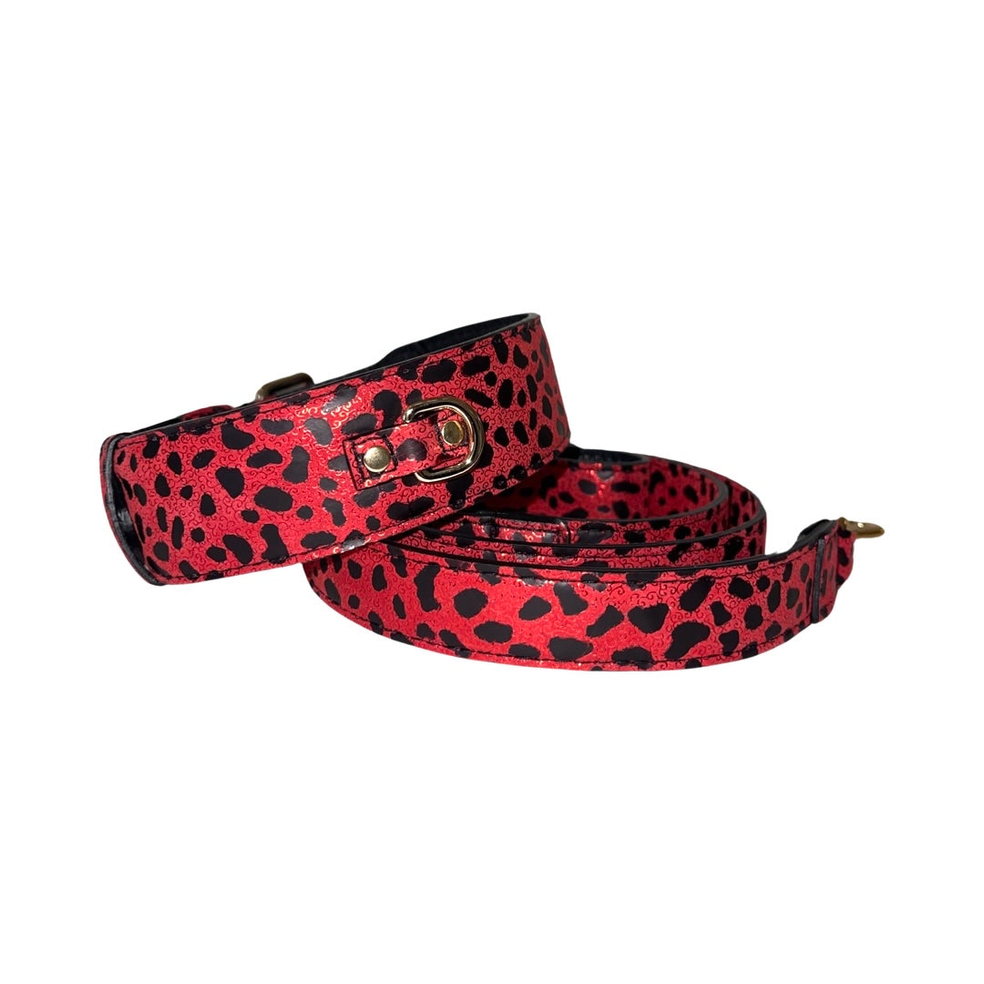Allysa Payne & Soft Red & Black Leopard Print Italian Leather Classic Dog Collar & Leash Set