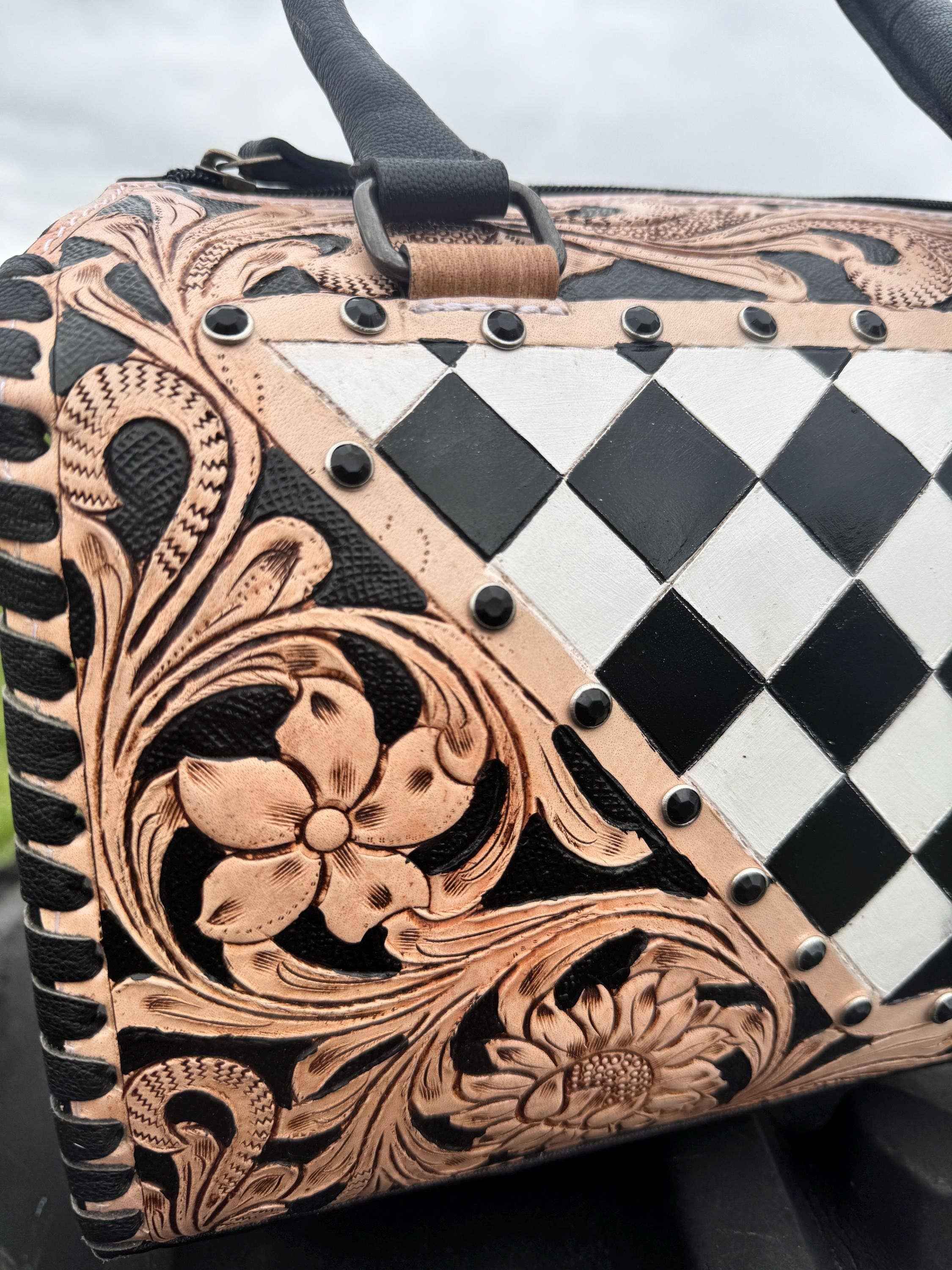 Luxe Tooled Leather Starry Night Rhinestone Stud Checkered Speedy Bag