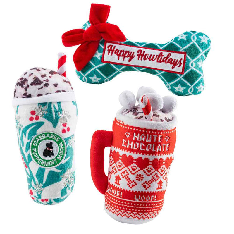 Haute Diggity Dog Holly Cup, Green Stars Bone, & Haute Chocolate Christmas Plush Dog Toy