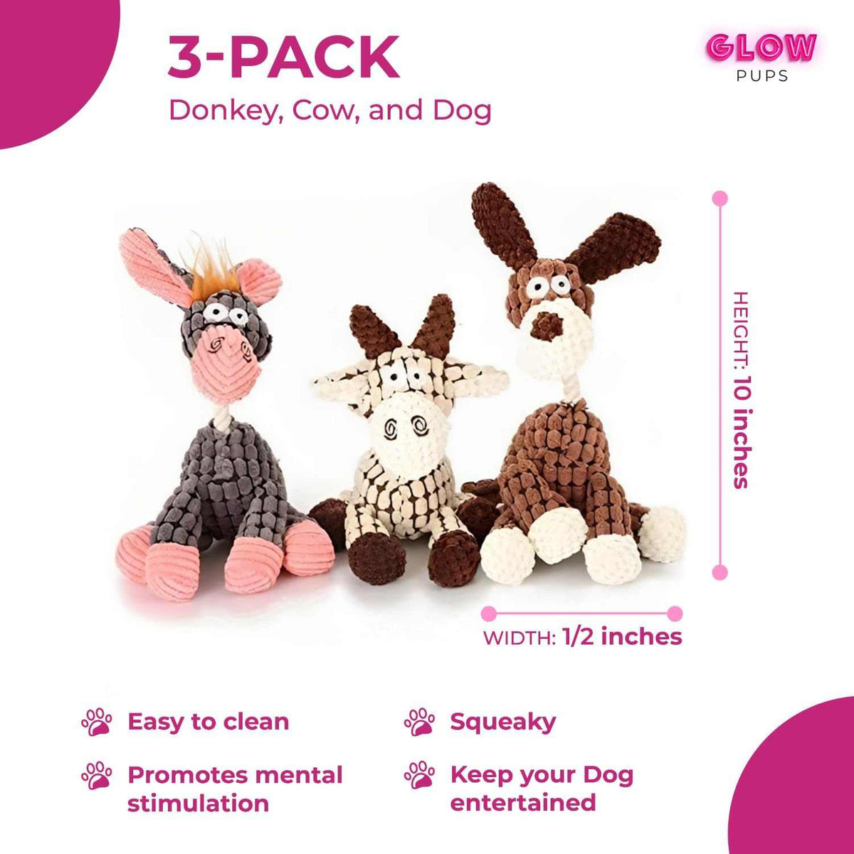 Glow Pups: Farm Friends Plush Dog Toys - 3 Pack