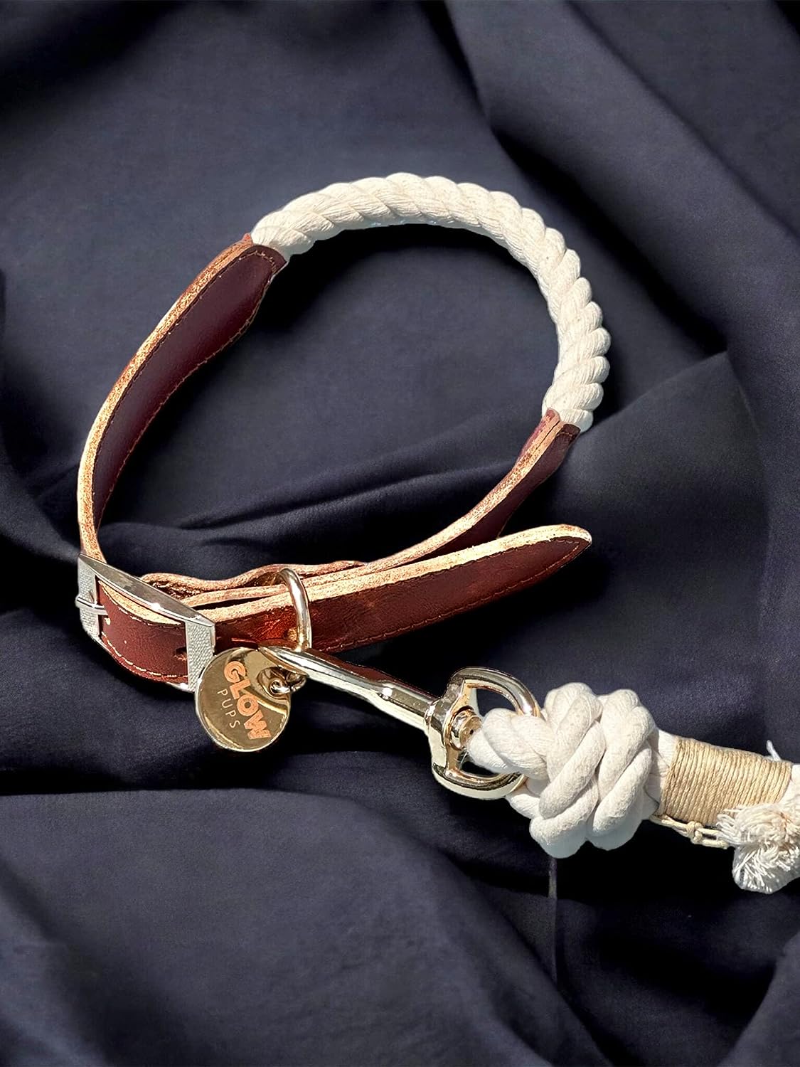 Glow Pups: White Cotton Rope and Leather Dog Collar