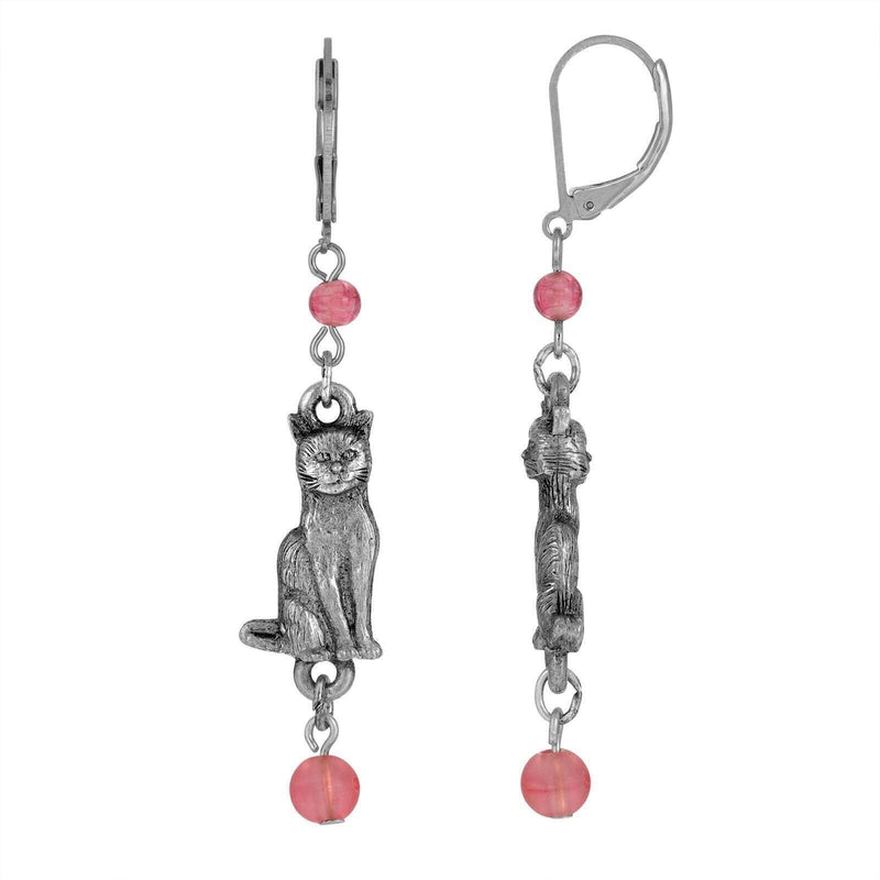 1928 Jewelry Round Smooth Bead Sitting Cat Dangle Earrings