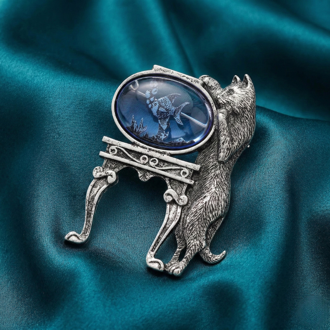 1928 Jewelry Curious Cat and Fishbowl Pin
