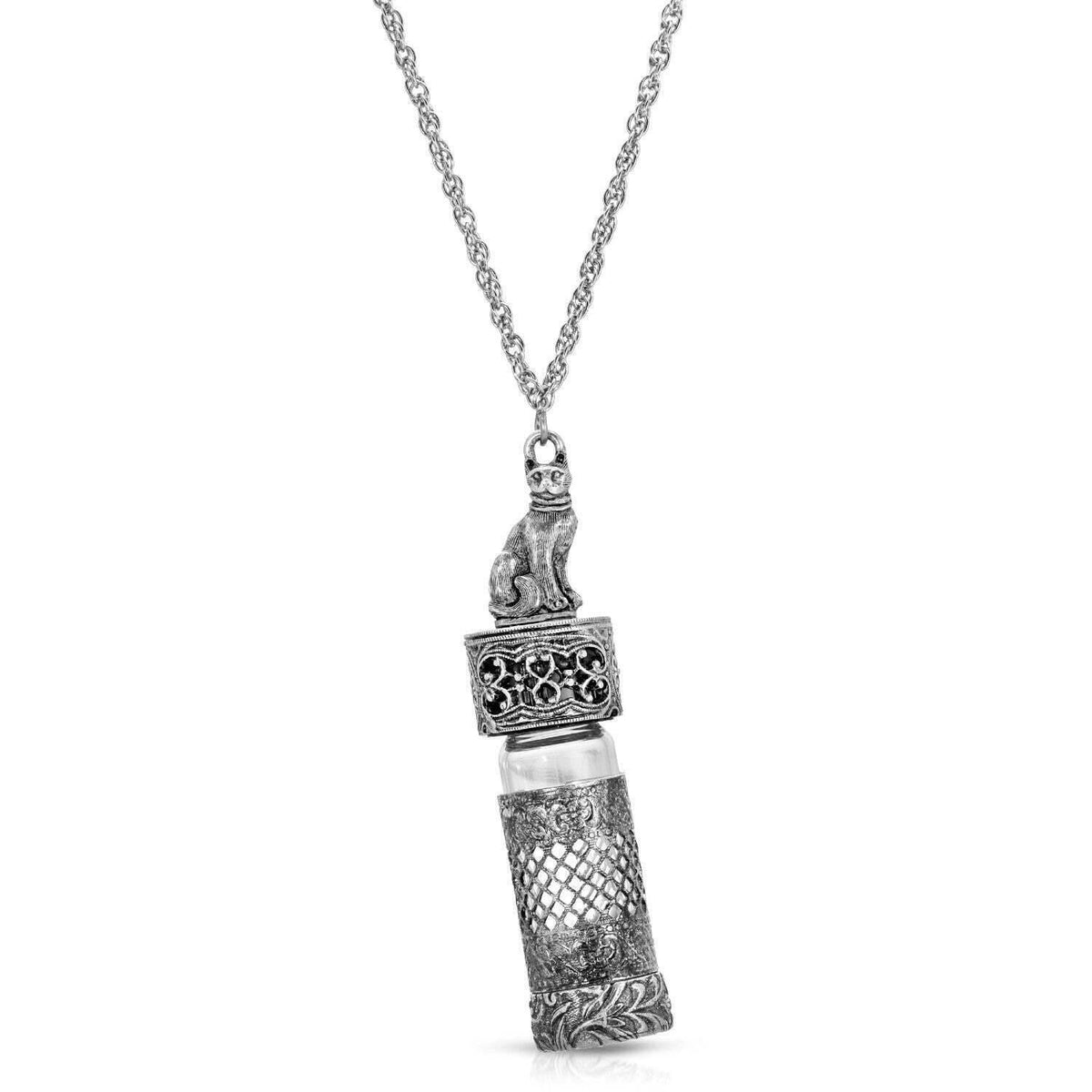 1928 Jewelry Pewter Cat Filigree Screw Cap Vial Necklace For Hand Sanitizer 30 Inch