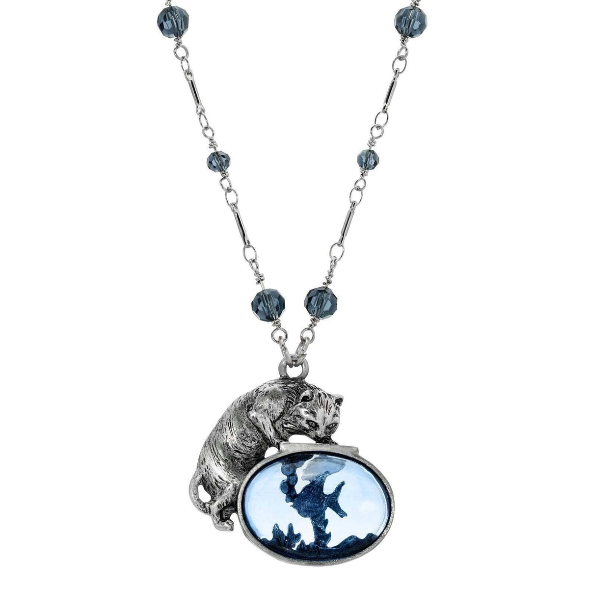 1928 Jewelry Cat And Blue Fish Pendant Necklace 30 Inch