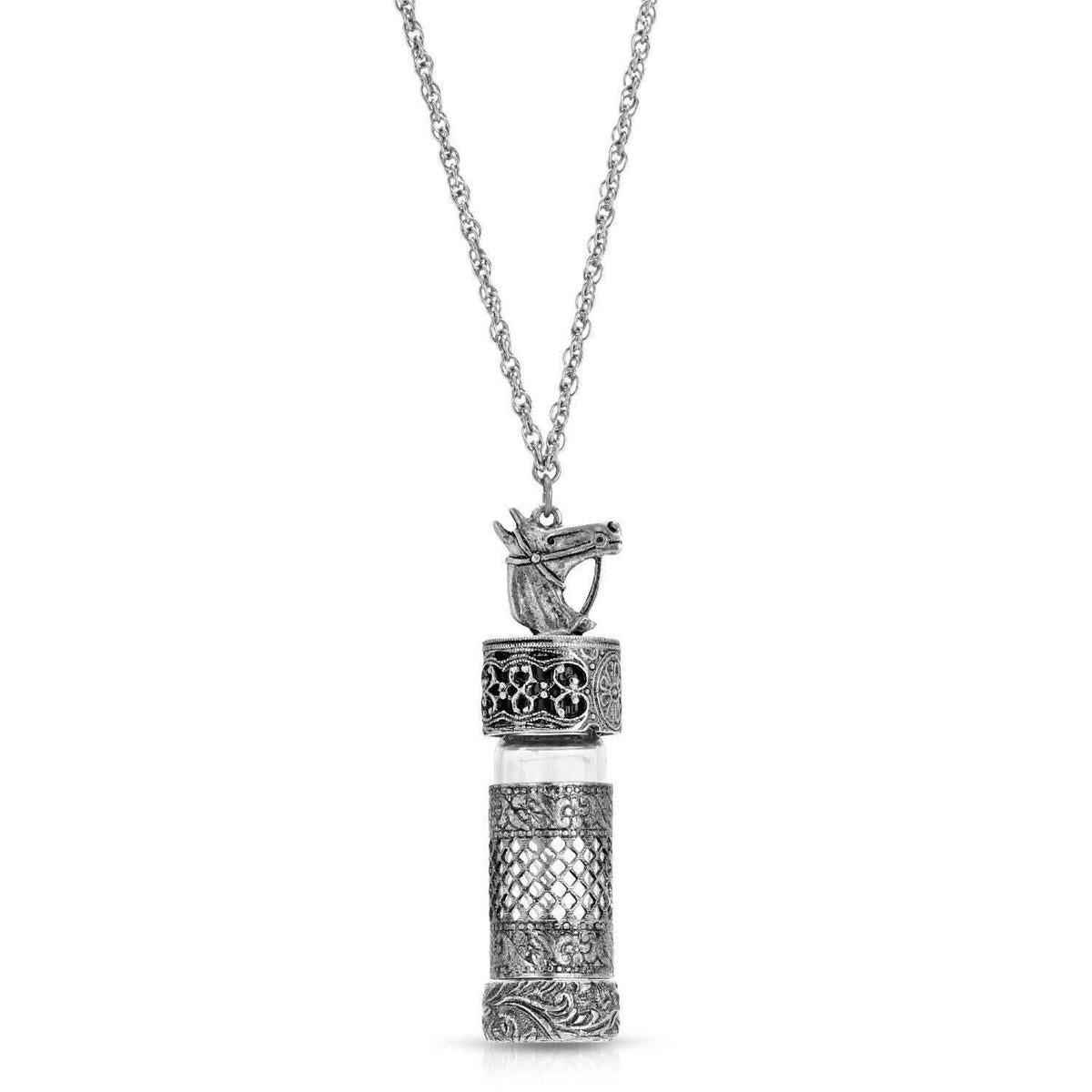 1928 Jewelry Classic Pewter Horse Filigree Screw Cap Vial Necklace 30 Inch