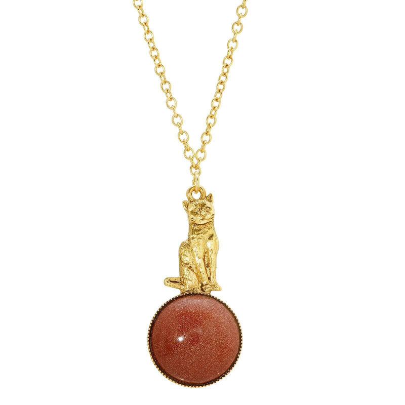 1928 Jewelry Sitting Cat On Round Gemstone Pendant Necklace 28 Inch