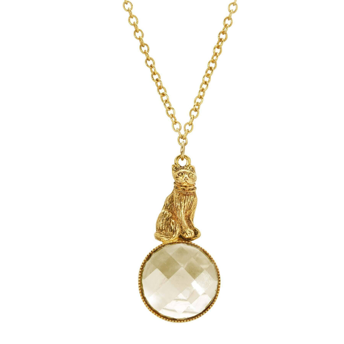 1928 Jewelry Sitting Cat On Round Light Topaz Stone Pendant Necklace 28 Inch