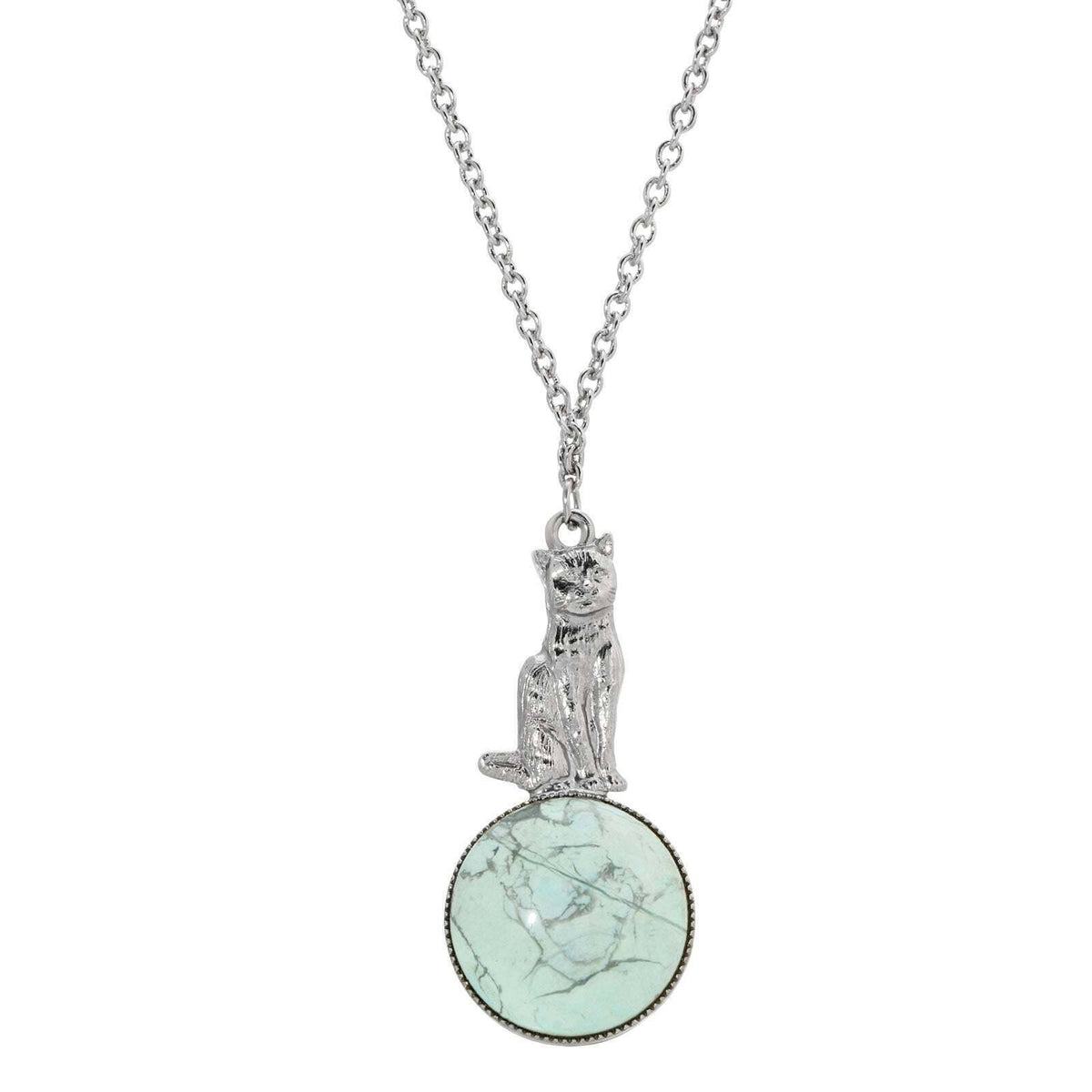 1928 Jewelry Sitting Cat On Round Gemstone Pendant Necklace 28 Inch