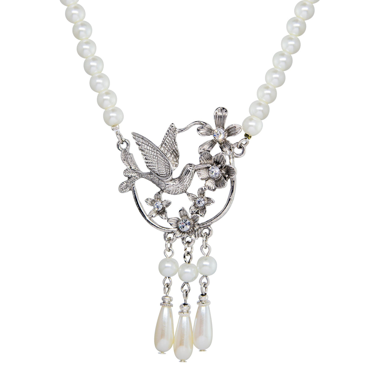 1928 Jewelry Hummingbird Crystal Flowers Faux Pearl Strand Necklace 16 Inch with 3 Inch Extension