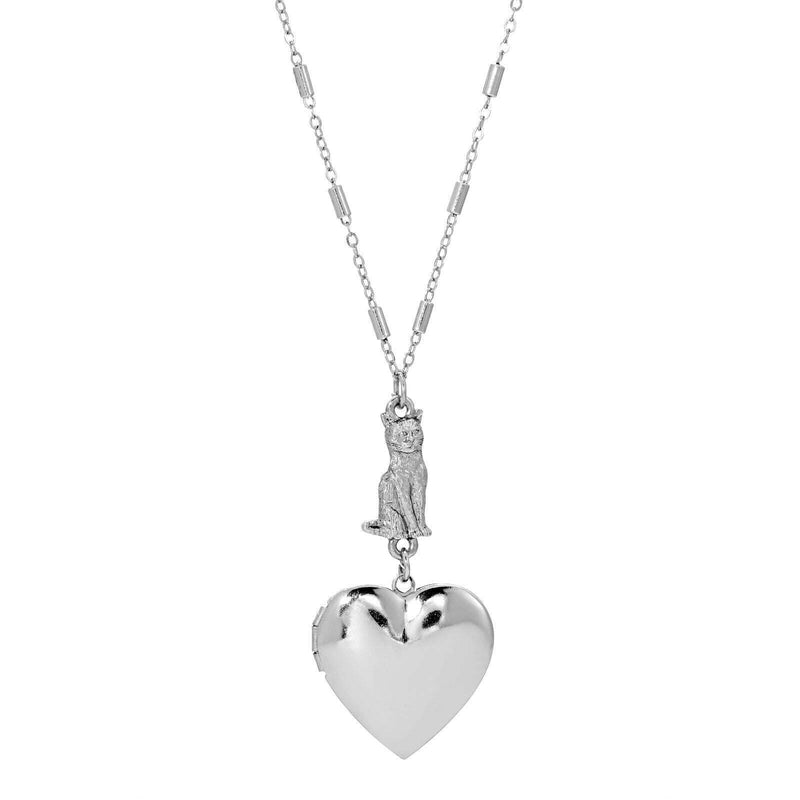 1928 Jewelry Sitting Cat And Heart Locket Necklace 30 Inch
