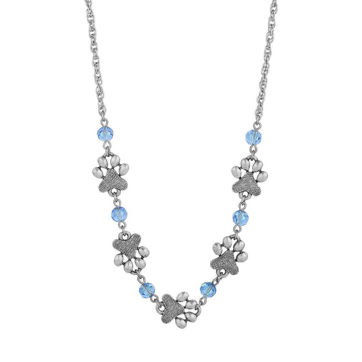 1928 Jewelry Light Blue Sapphire Bead Pewter Paw Necklace 16 Inch with 3 Inch Extender