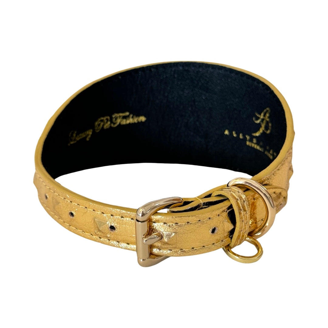 Allysa Payne Glam Gold Embossed Studded Italian Leather 3-Inch Wide Style Dog Collar