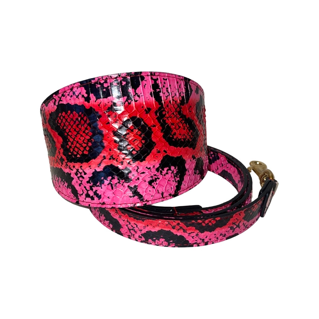 Fuchsia/Light Pink/Red & Black Custom Snake 4” Wide Style Collar & Leash Set