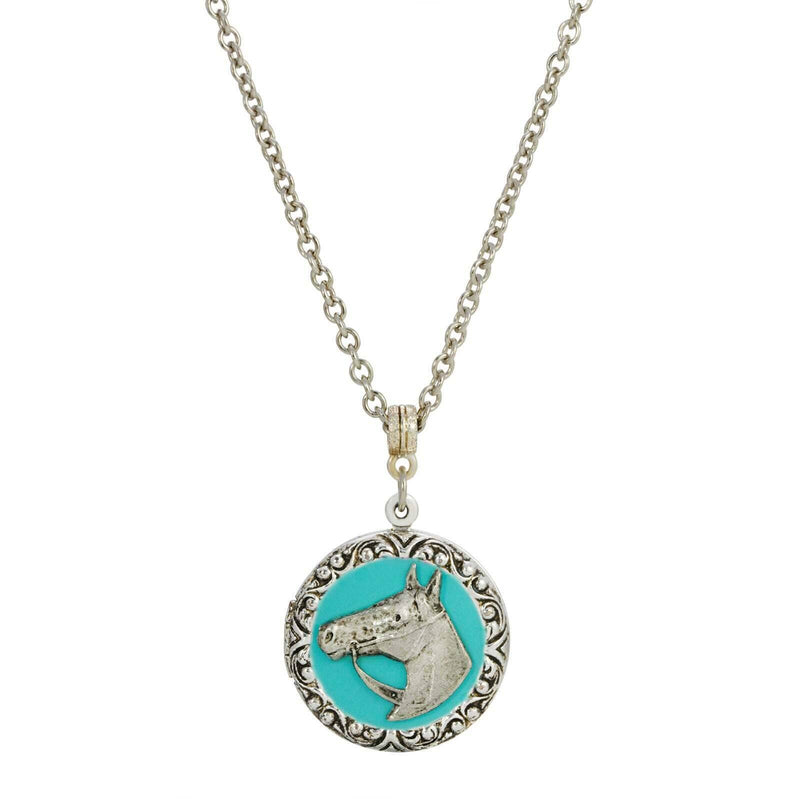 1928 Jewelry Southwest Turquoise Enamel Horse Head Round Locket Necklace 24 Inch