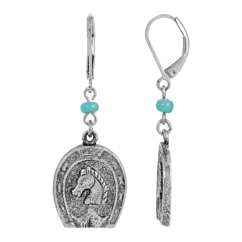 1928 Jewelry Southwest Turquoise Bead Horseshoe and Horse Dangle Earrings