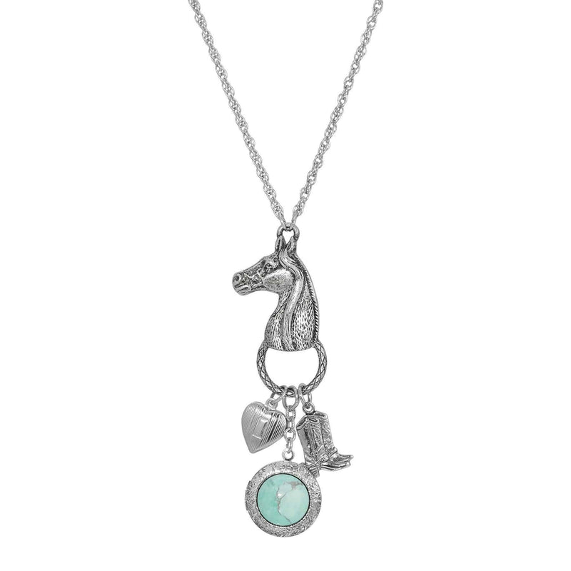 1928 Jewelry Southwest Horse Head Turquoise Locket and Charms Necklace 28 Inch