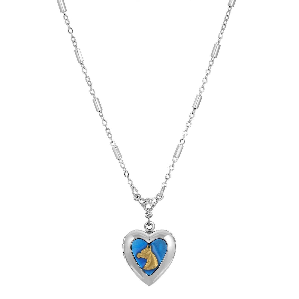 1928 Jewelry Sapphire Blue Horse Heart Locket Necklace 16 Inch with 3 Inch Extender
