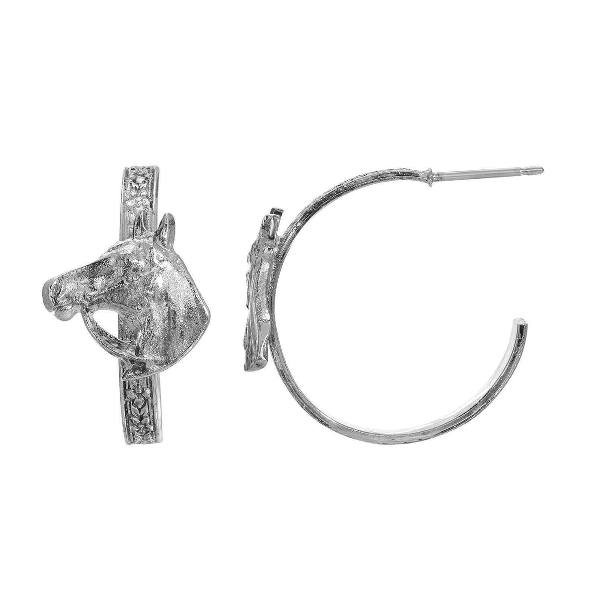 1928 Jewelry Etch Floral Horse Head Hoop Earrings