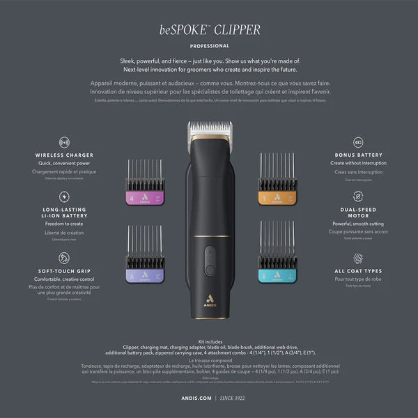 beSPOKE Cordless Clipper with #30W Blade and 8Pc Wide Comb Attachment Bundle by Andis