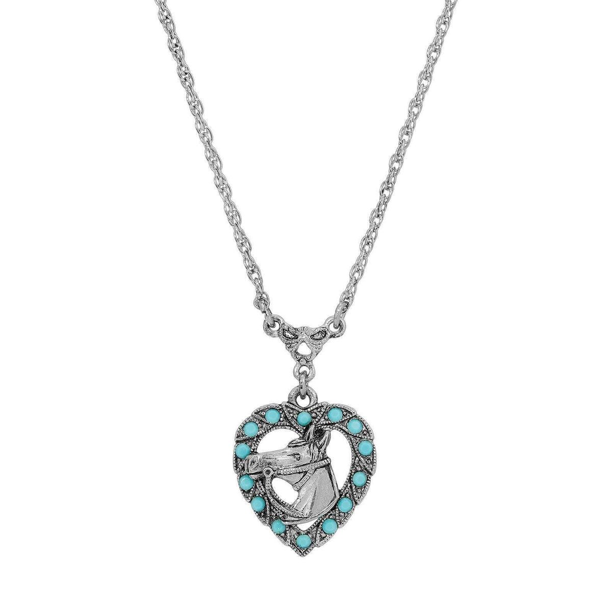 1928 Jewelry Heart Horse Head Turquoise Crystal Pendant Necklace 16 Inch