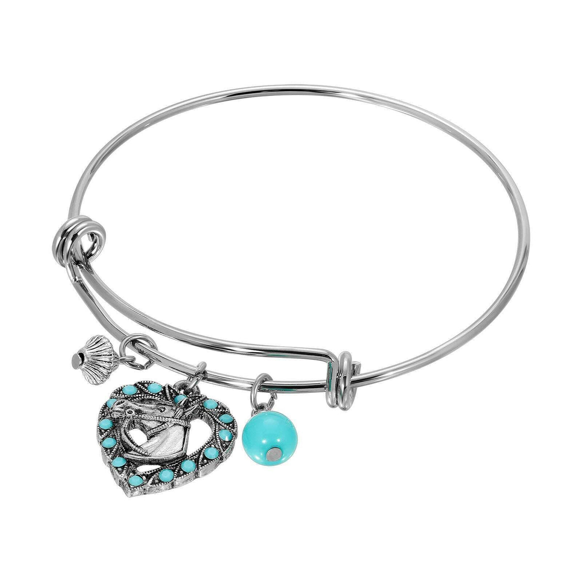 1928 Jewelry Heart Horse Head Turquoise Crystal and Charms Wire Bracelet